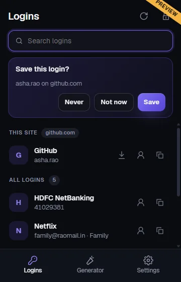 OnlyWallet extension popup listing logins for the current site and all logins, with an offer to save a new GitHub login