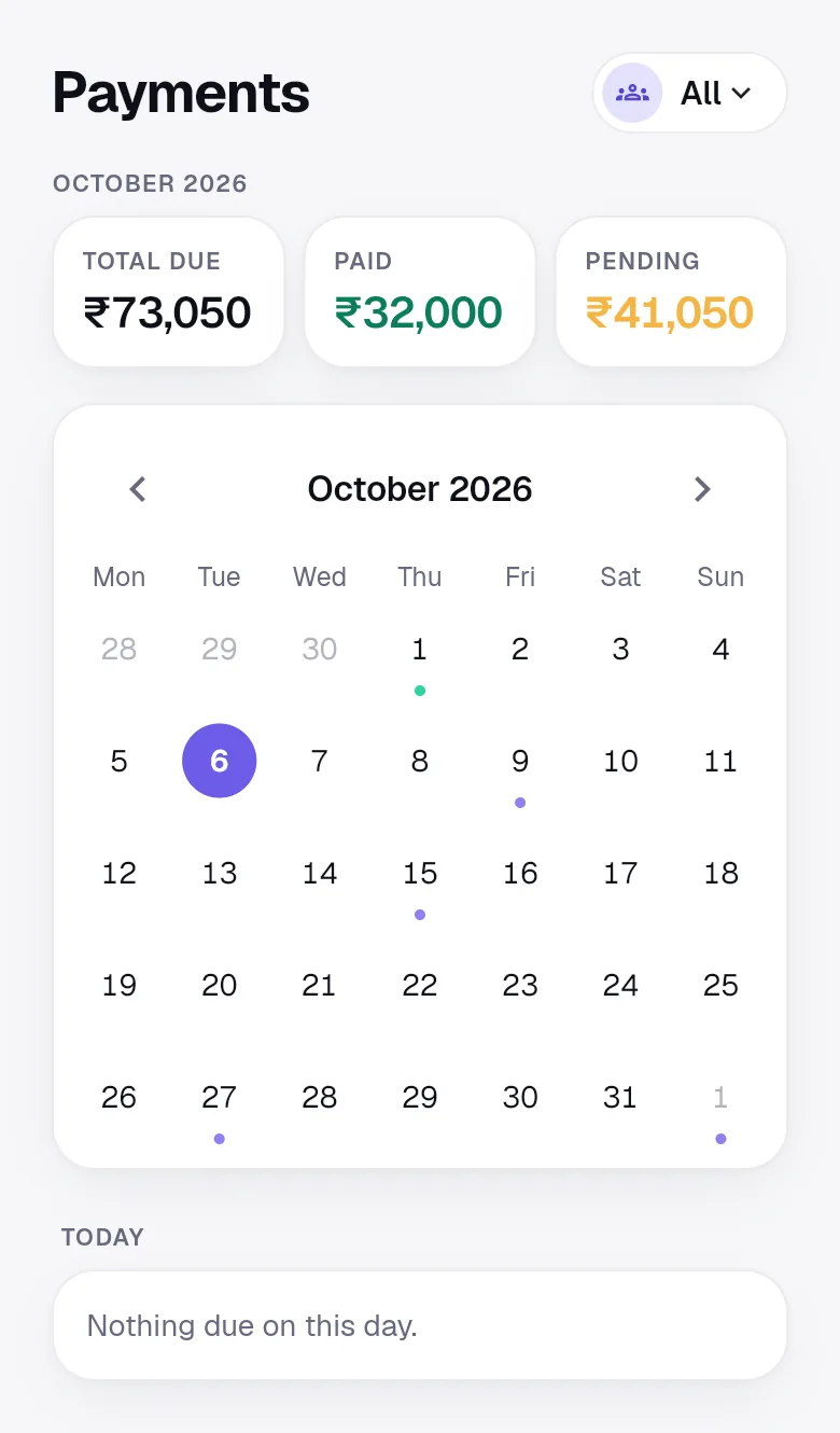 OnlyWallet Payments tab showing total due, paid and pending amounts for October above a month calendar with due dates marked