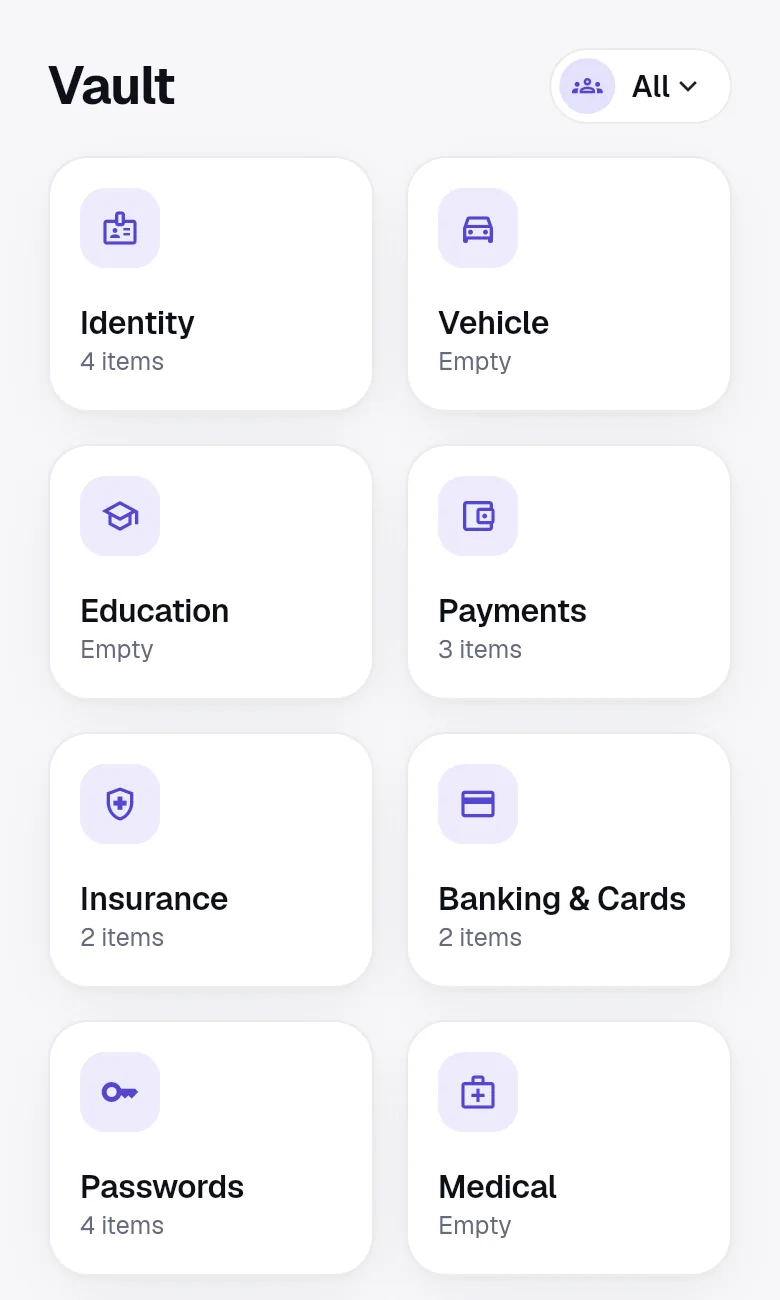 OnlyWallet Vault tab with ten categories: Identity, Vehicle, Education, Payments, Insurance, Banking and Cards, Passwords, Medical, Property and Work, Notes